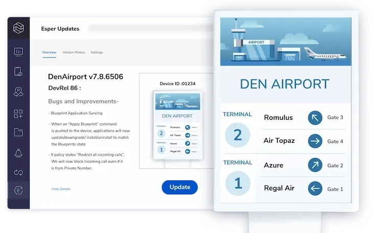 Esper digital signage device management platform showing firmware update interface for airport display