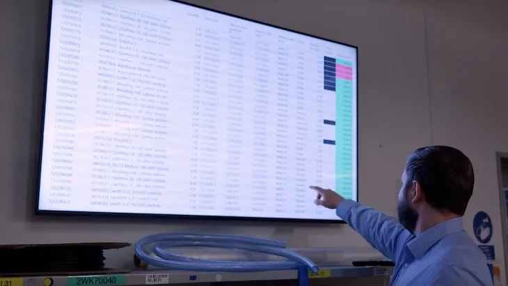 Employee reviewing operational data on secure tv dashboard software display in factory environment