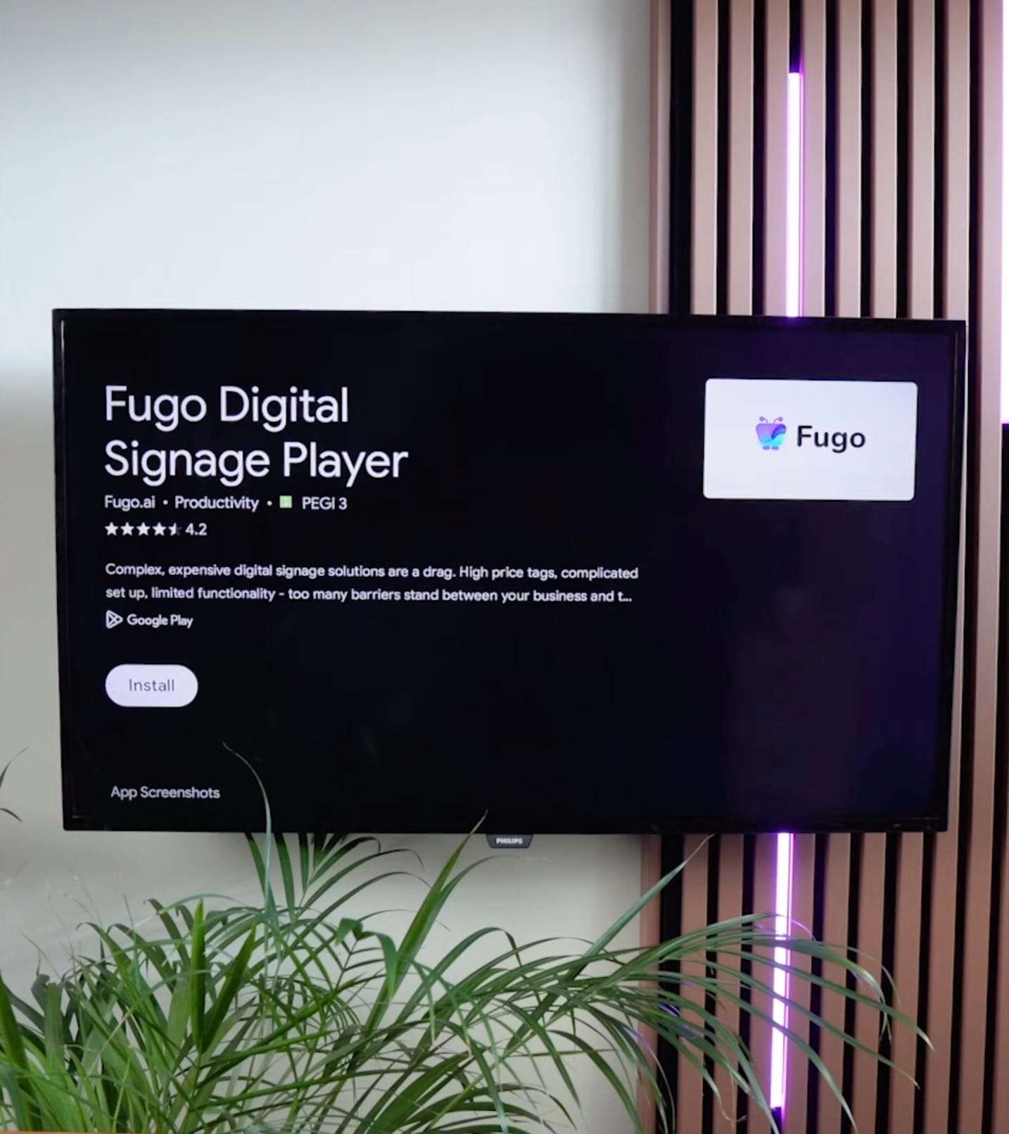 Fugo digital signage app in Google Play Store on TV screen