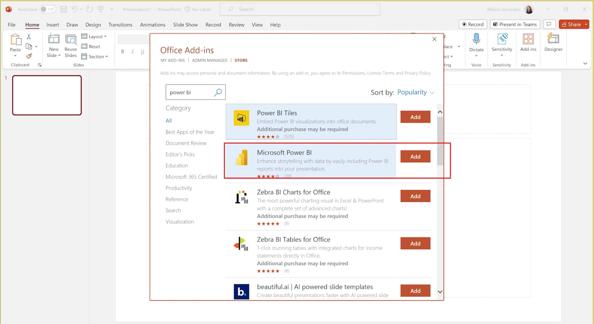insert the power bi add in to powerpoint presentation