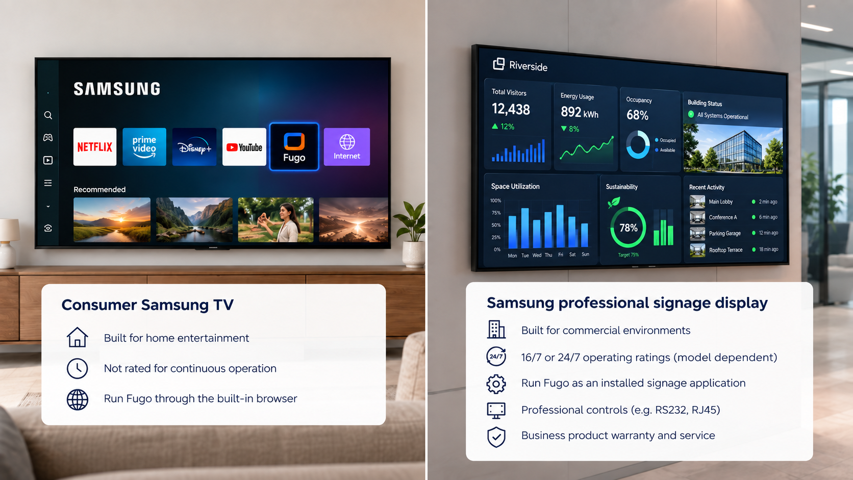 Consumer Samsung TV running Fugo through the browser beside a professional Samsung digital signage display running a live data dashboard through SSSP.