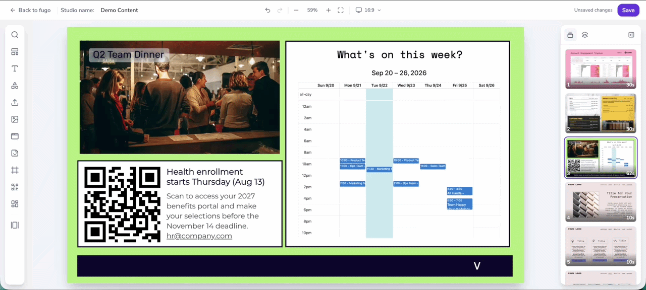 Fugo Design Studio showing a multi-zone workplace signage layout with an event image, benefits QR code, team calendar, ticker and additional slides.