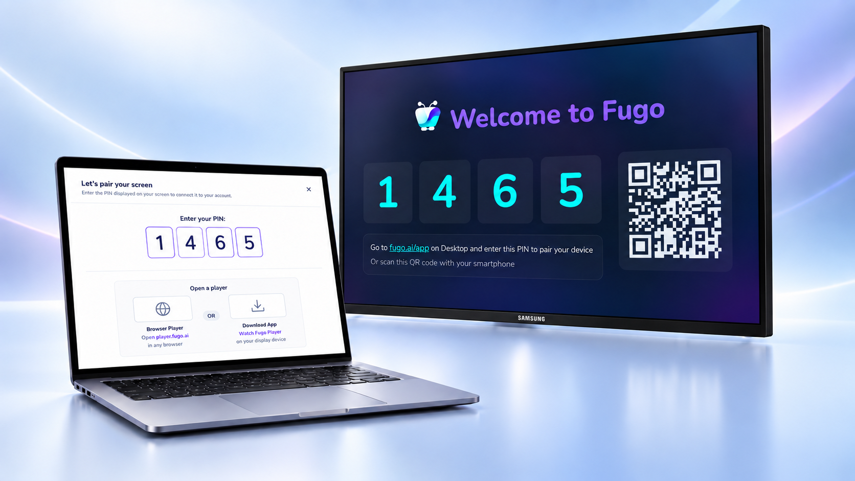 Samsung digital signage display showing the Fugo pairing PIN and QR code beside the Fugo screen pairing page on a laptop.