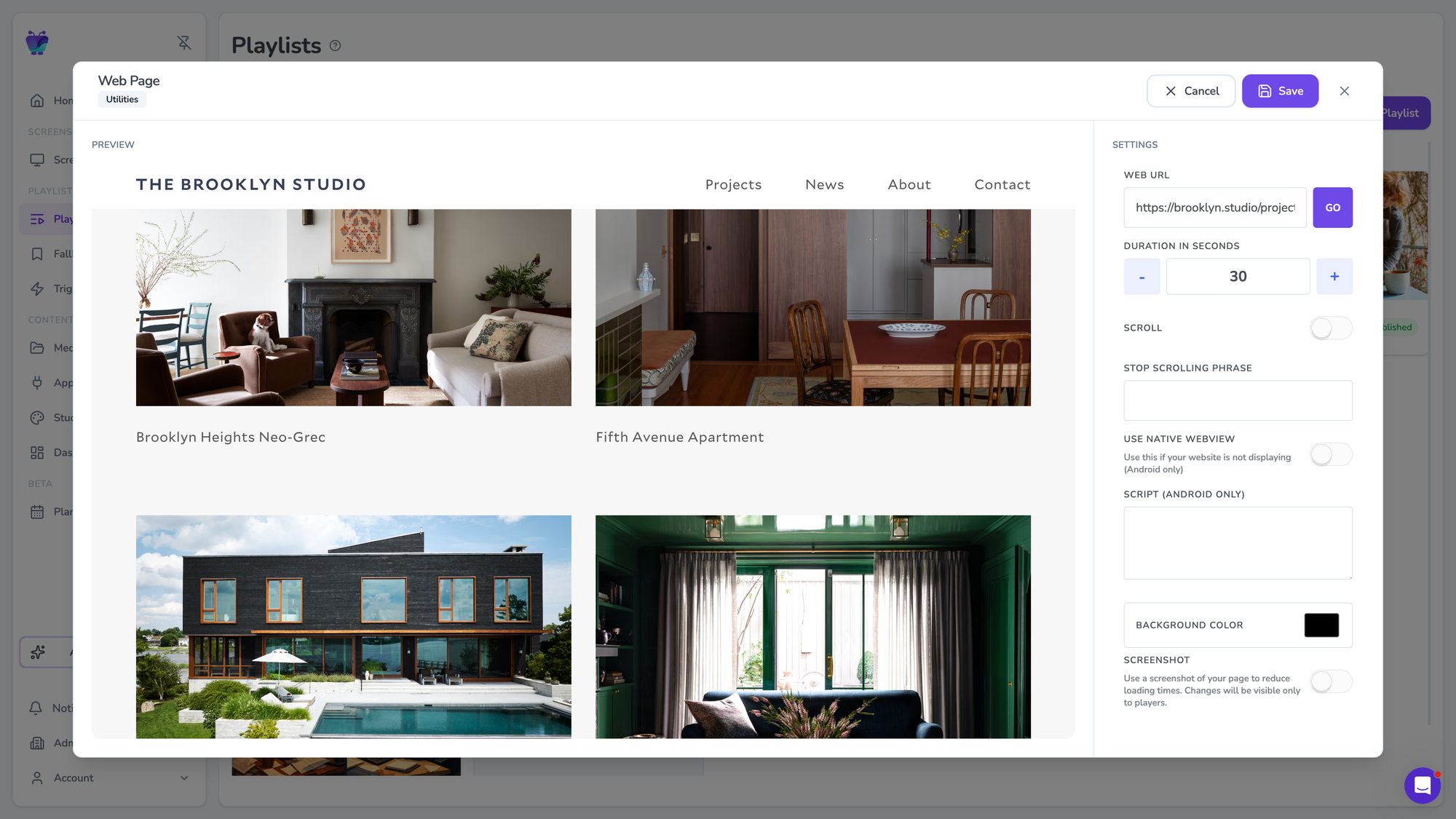 Fugo Web Page app showing a live website preview with controls for the URL, scrolling, custom JavaScript and display settings.