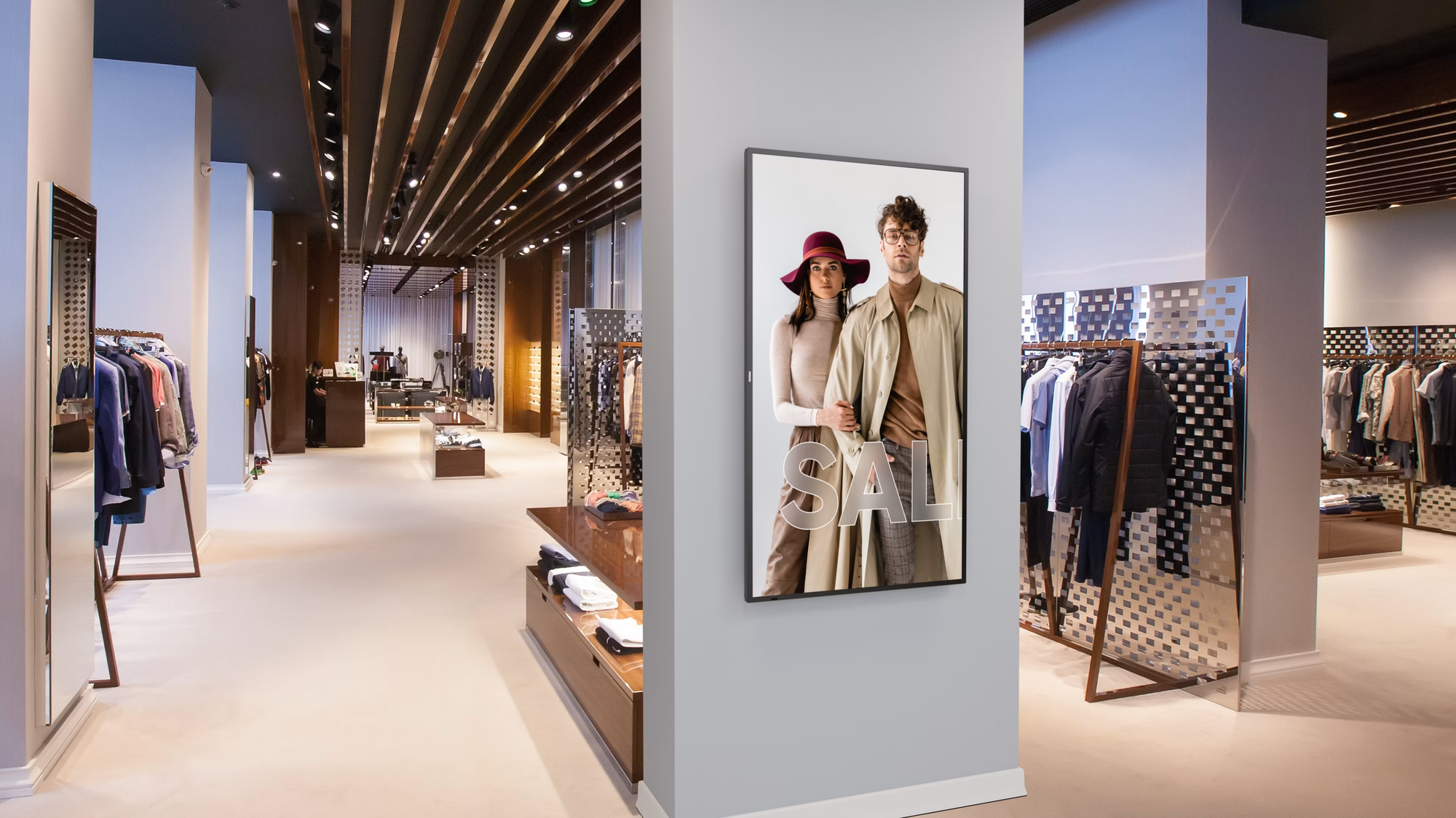 Philips D-Line professional display mounted in portrait orientation in a retail clothing store, showing promotional signage.