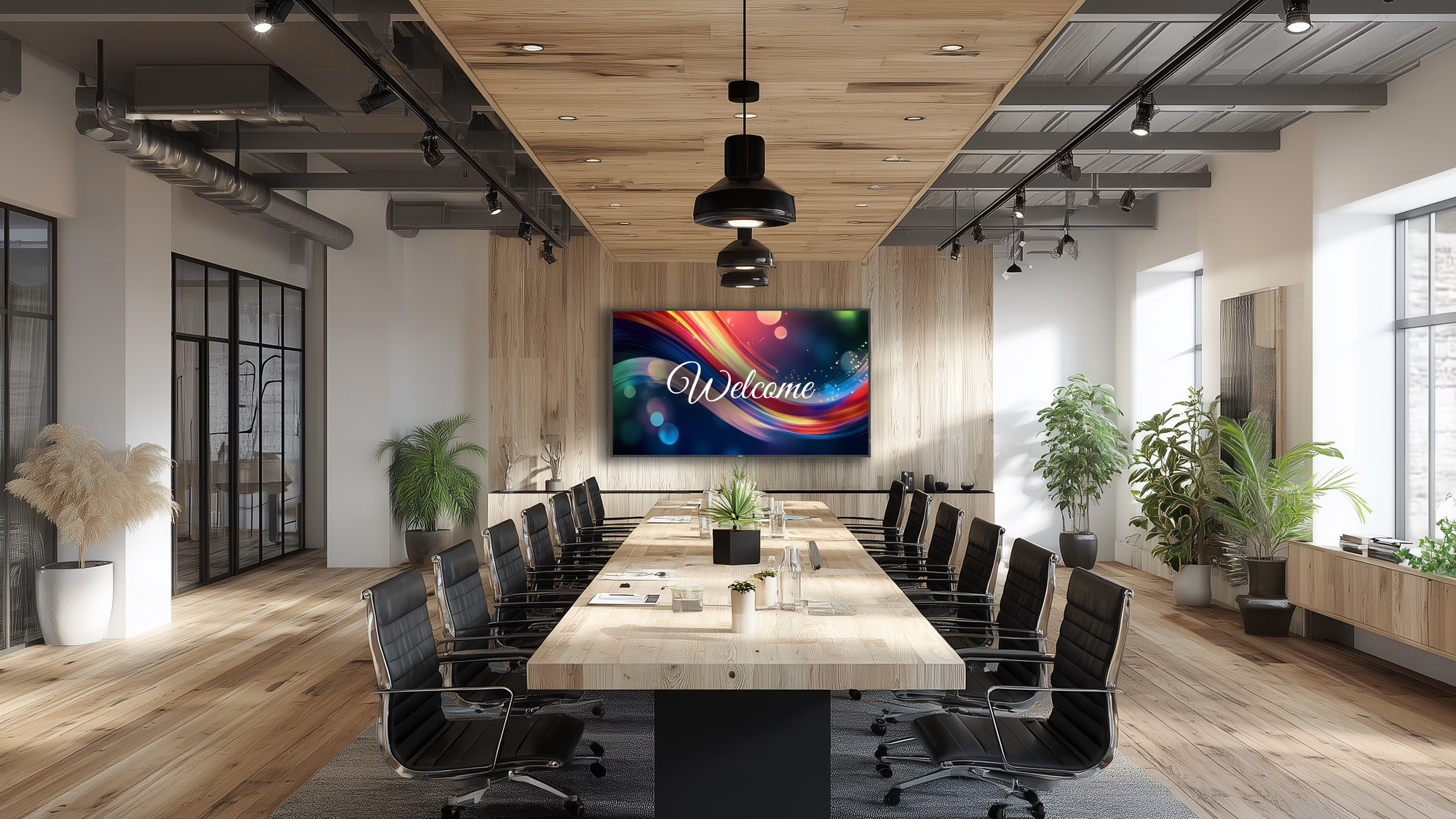 Philips Q-Line professional display mounted in a modern meeting room and showing a welcome screen.