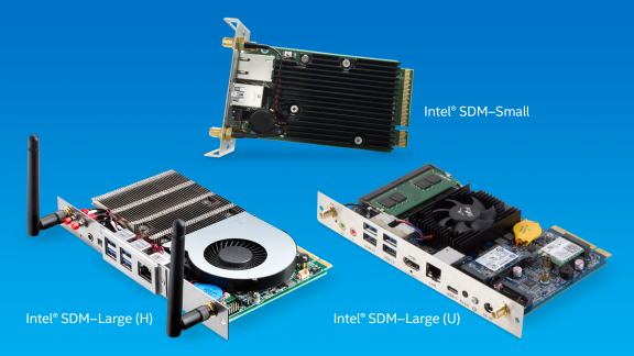 Three Intel Smart Display Module form factors shown side by side, including SDM-Small and two SDM-Large variants.