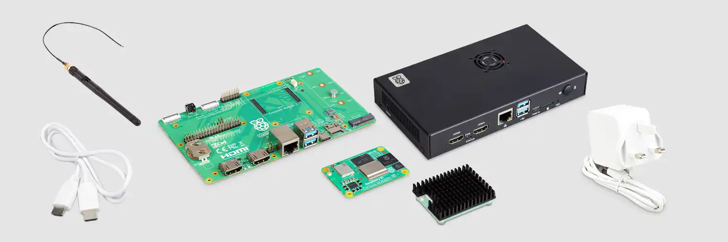 Raspberry Pi Compute Module 5 development kit with the CM5, IO board, enclosure, power supply, antenna, cables and cooling hardware.