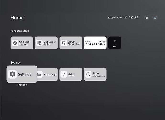 Sony digital signage settings menu on a BRAVIA Professional display, showing Pro settings, multi-display controls and device information.