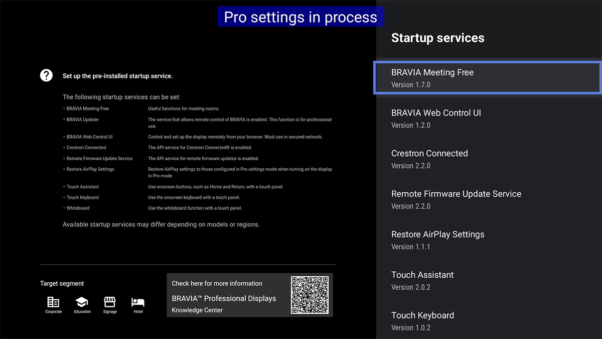 Sony digital signage Pro settings showing startup services for web control, remote firmware updates and other professional display functions.