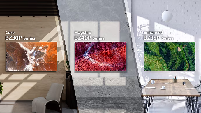 Sony digital signage displays from the BZ30P, BZ35P, and BZ40P Professional BRAVIA series in commercial environments.