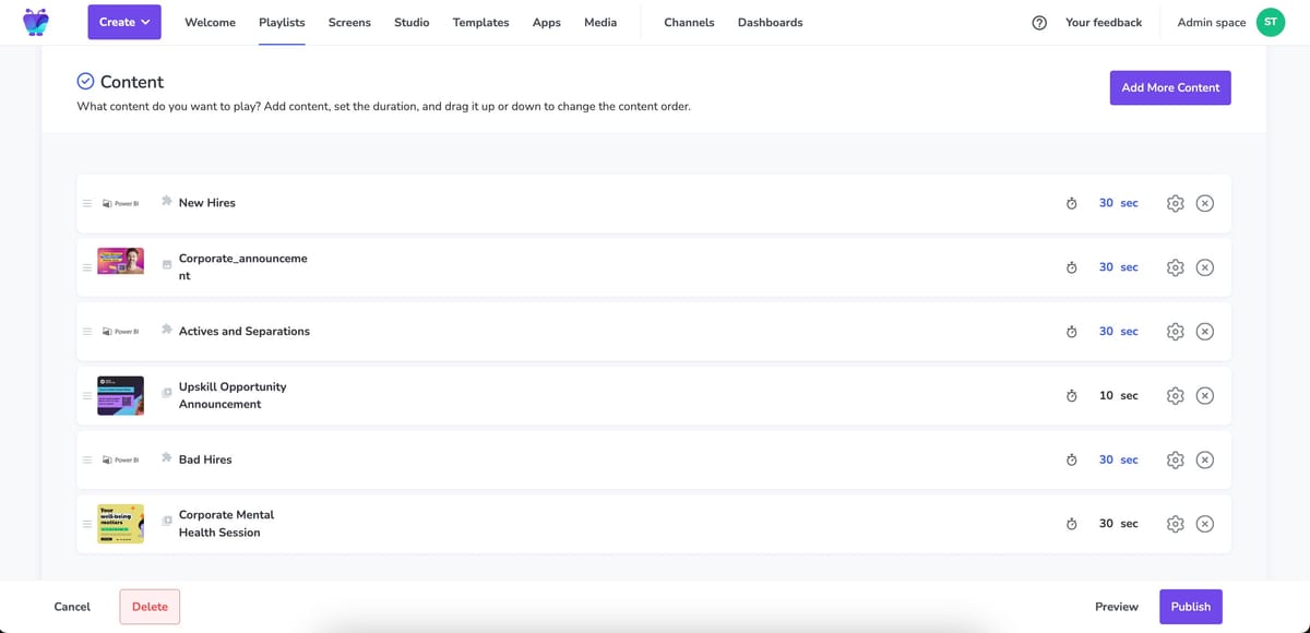Screenshot showing how to add Power BI reports and slides to a digital signage presentation